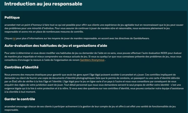 Arcanebet Casino jeu responsable